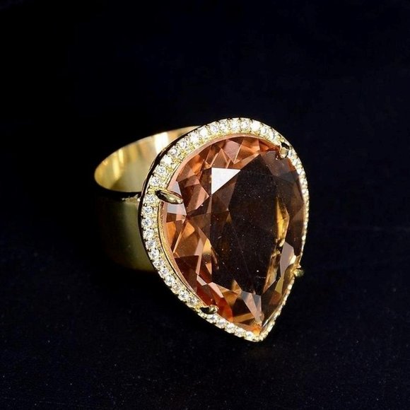 32mm Pear Cut Orange Champagne Water Drop Gold Ring - Picture 8 of 10